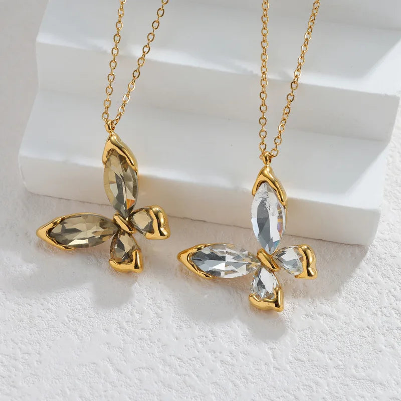 EILIECK Women's Butterfly Zircon Crystals Pendant Necklace Trendy Stainless Steel Waterproof Neck Chain Daily Jewelry Gift