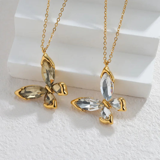 EILIECK Women's Butterfly Zircon Crystals Pendant Necklace Trendy Stainless Steel Waterproof Neck Chain Daily Jewelry Gift