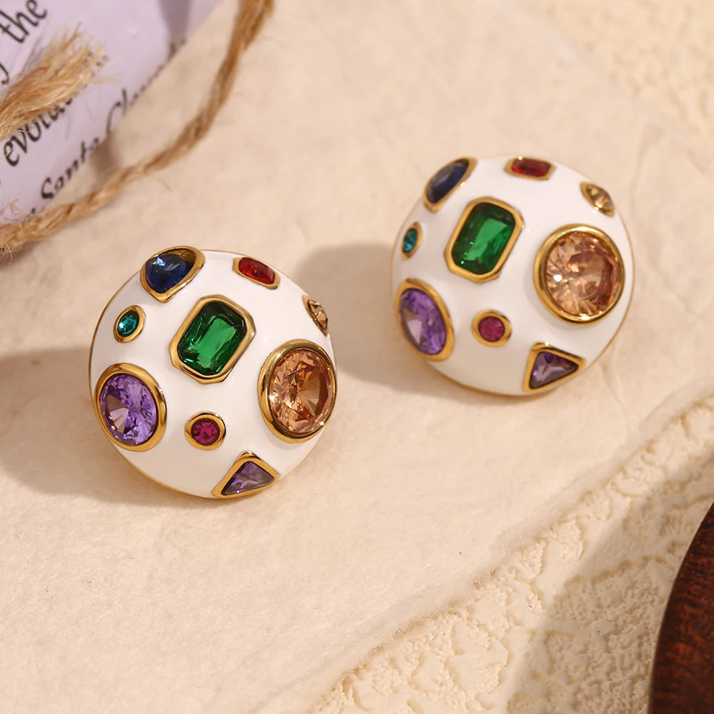 E.B.belle White Enamel Geometric Colored Zirconium Spherical Earrings 18K Gold Plated Gift 316L Stainless Steel Women's Earrings