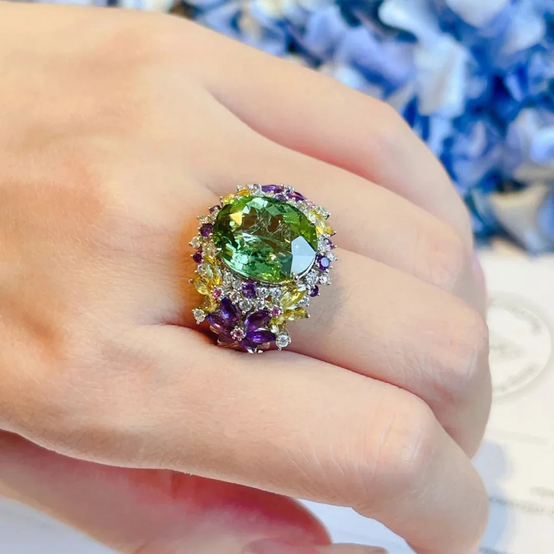 Female Yellow Green Purple Stone Silver Color Oval Flower Wedding Rings Promise Open Adjustable Engagement Jewelry For Women