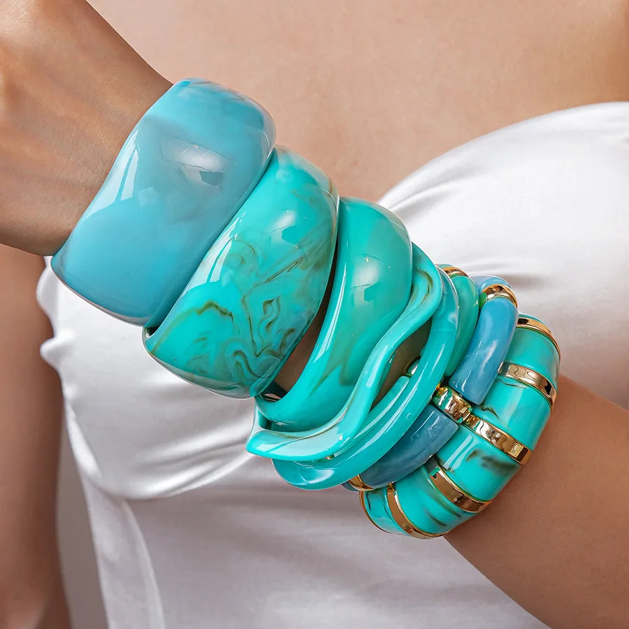KMVEXO Vintage Turquoise Blue Geometric Resin Bangle Women Irregular Wide Bracelet Ladies Bohemian Beach Acrylic Bangles Jewelry