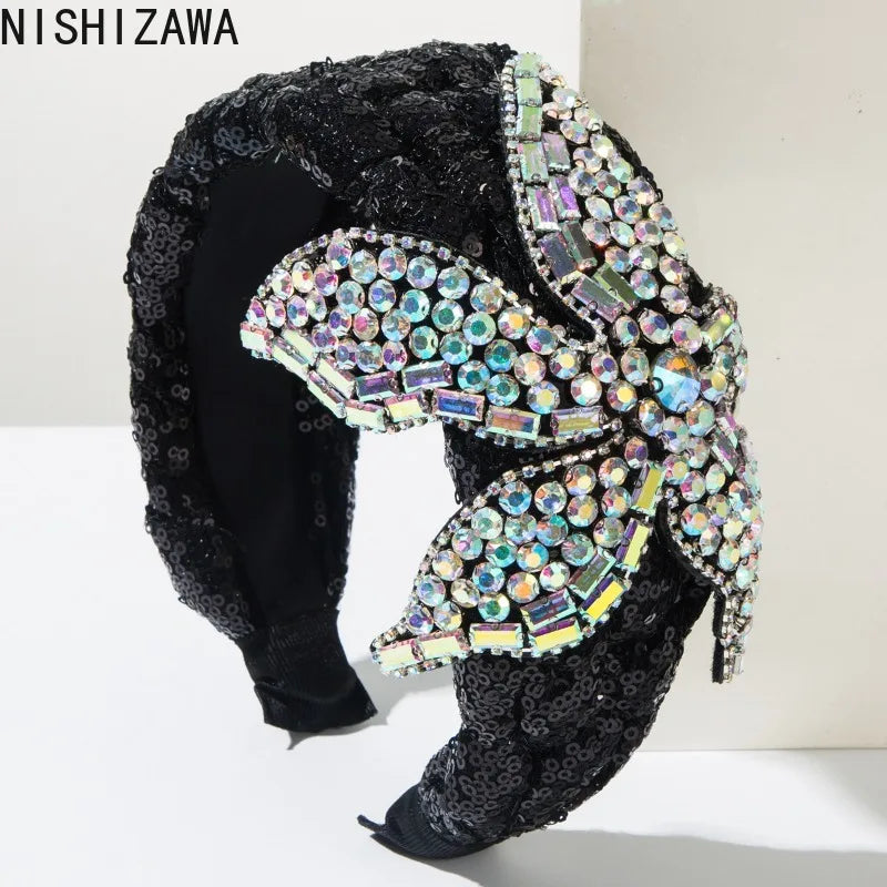 Vintage Rhinestone Sequin Velvet Wide Headband for Women Luxury Jeweled Flower Hair Hoop Elegant Bridal Hair Accessories