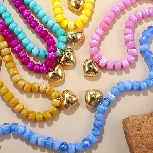 Badu Bohemia Colorful Acrylic Beaded Choker Necklace for  Women 14K Gold Plated Heart Pendant Summer Aesthetic Y2K Jewelry Gift