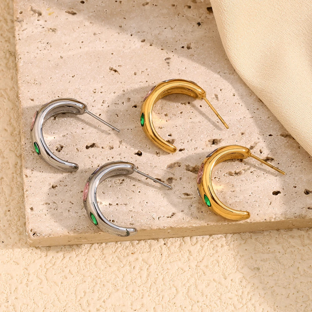 E.B.belle Geometry Colorful Zircon C-shpaed Stud Earring Basic Fahsion Stainless Steel Women Jewelry Waterproof Hypoallergenic
