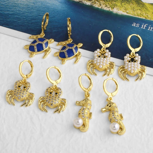 Small Geometric Animal Bule ResinTurtle White Pearl Charm Cute Female Hoop Earrings For Women Vintage Gold Color Wedding Jewelry