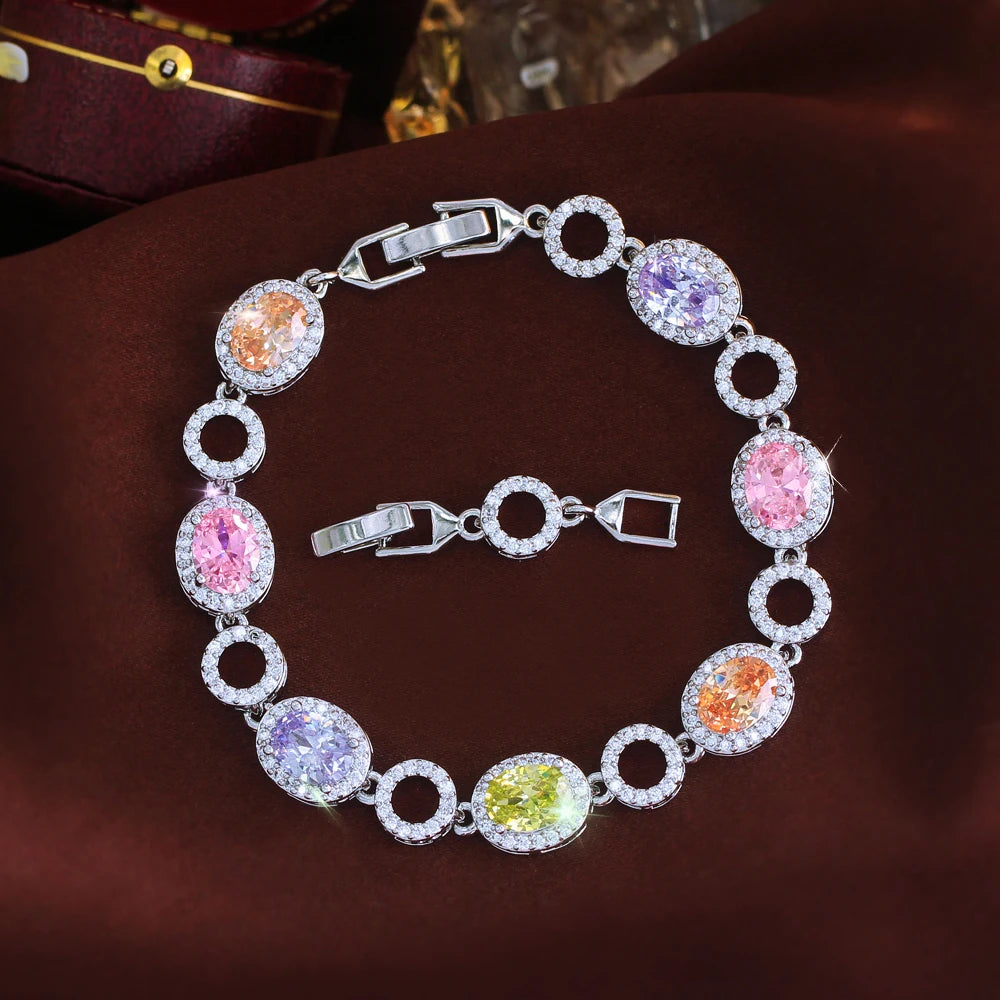 ThreeGraces Elegant Shiny White Oval Zirconia Bridal Wedding Party Geometric Ellipse Link Chain Bracelet Jewelry for Women BR471
