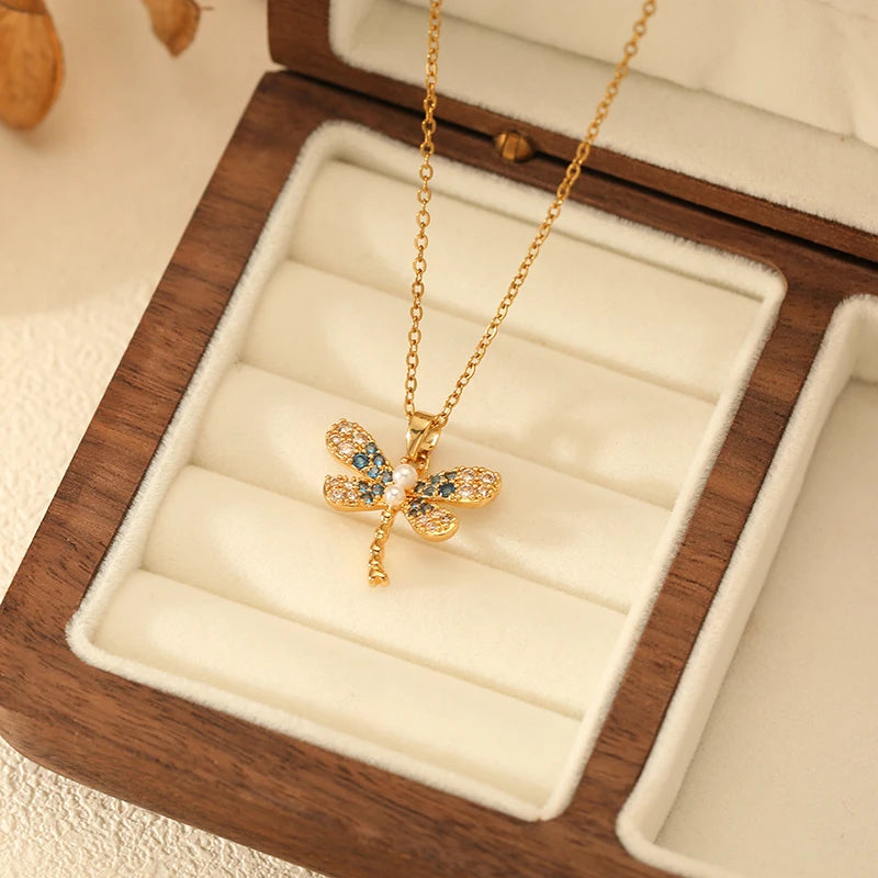 EILIECK Women's Cute Trendy Dragonfly Pendant Necklace 18K Gold-plated Stainless Steel Neck Chain Daily Water-resistant Jewelry
