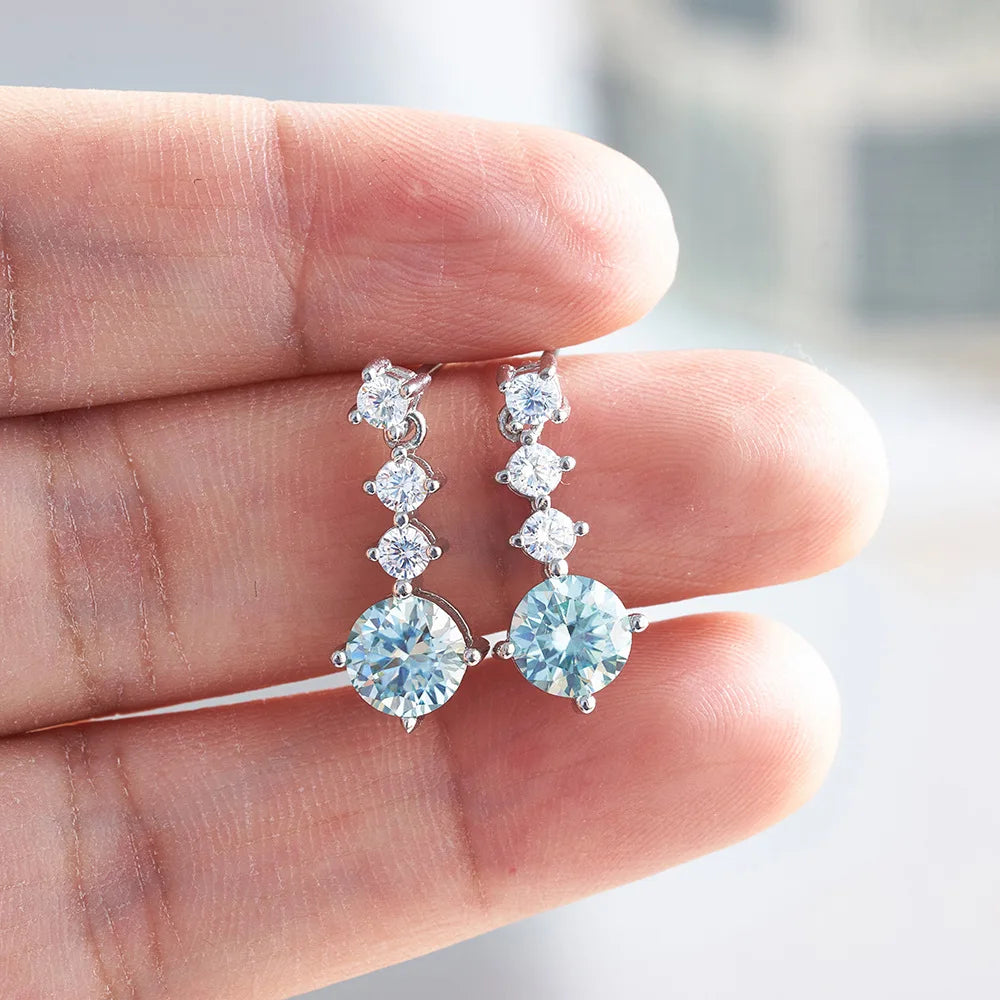 Luxury 925 Sterling Silver Full Lab Moissanite Drop Earrings Total 2.6 Carat Blue Green Color Women Moissanite Earring Jewelry