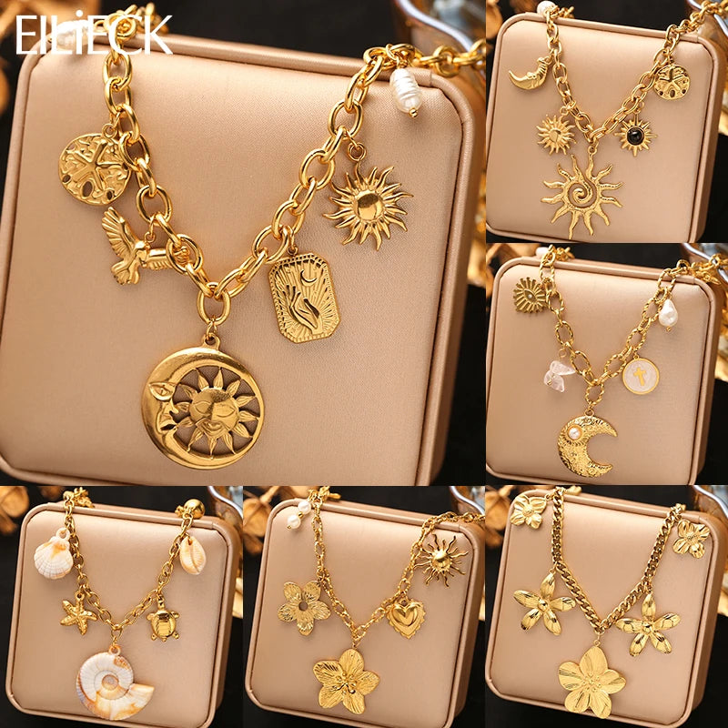 EILIECK 316L Stainless Steel Metal Gold Color Sun Moon Pendant Necklace Lady New Trendy Neck Chain Waterproof Jewelry Party Gift