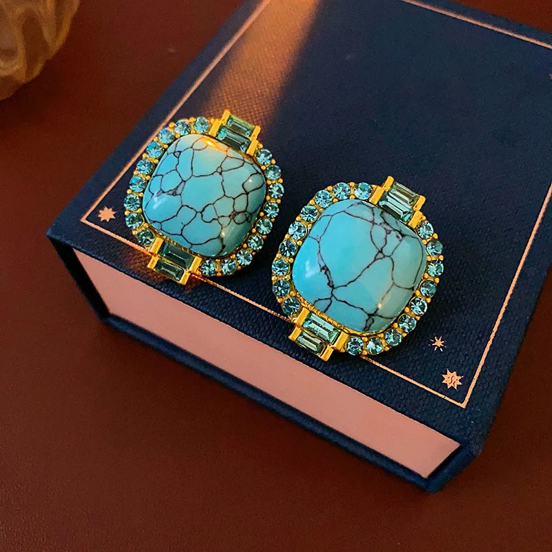 Exquisite Artificial Blue Turquoise Stone Stud Earings Retro Round Square Rhinestones Ear Stud for Lady High-end Jewelry Gift N1