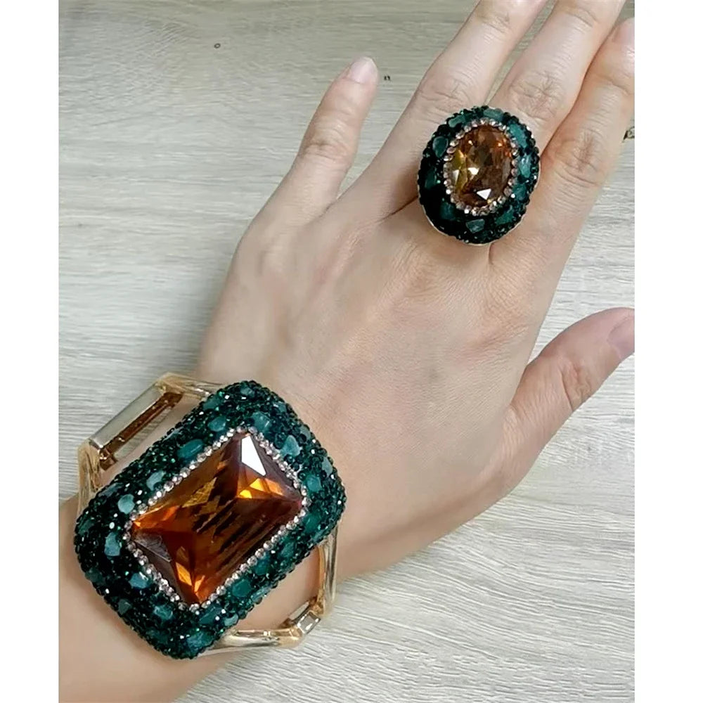 Round Colored Change Sultanite Crystal Bangle Rings Sets for Women Necklace Earring Rings Golden Green Zultanite Quartz Jewelry
