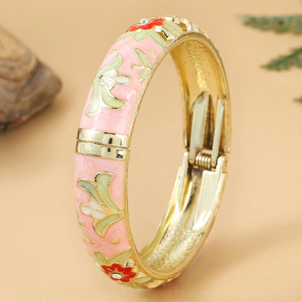 Jardme 1PCS Wide Hollow Enamel Bracelet For Women Vintage Indian Chinese Luxurious Cloisonne Bangles Women's Daily Jewelry