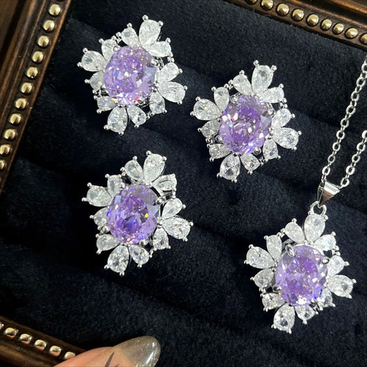 925 Sterling Silver Bright Bird's Nest Cut High Carbon Diamond Violet Flower Jewelry Set Elegant Jewelry