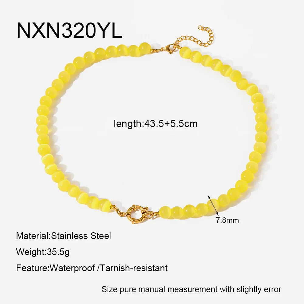 2026 Rainbow Cats Eye Glass Bead Choker Necklace 18K Gold Plated Stainless Steel Summer Bikini Gift for Women Girls