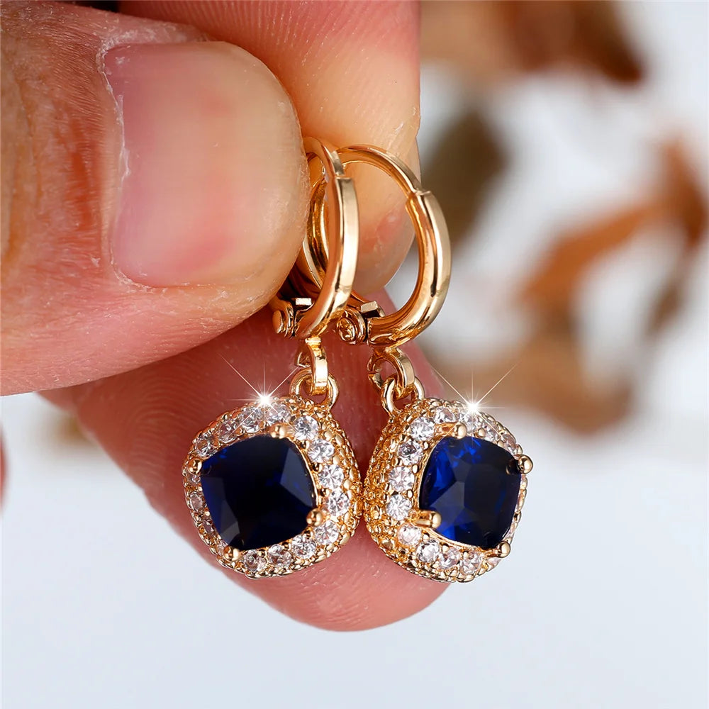 Cute Female Blue Zircon Stone Square Hoop Earrings Fashion Female Gold Color Wedding Jewelry For Women