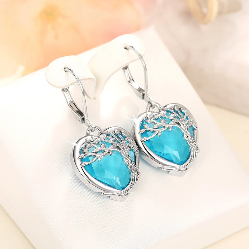 Huitan Elegant Women Blue Heart Drop Earrings Aesthetic Engagement Accessories Charming Tree Design Anniversary Jewelry Gift