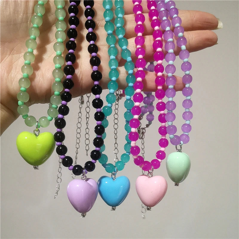 2026 New Color Beaded Chain Resin Heart Pendant Necklace For Women Girls Trendy Clavicle Chain Delicate Jewelry Gift