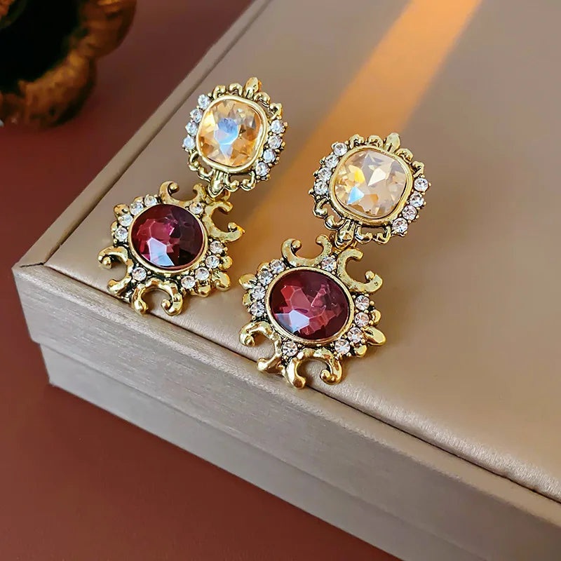 Vintage Square Rhinestone Round Drop Earring Chain Necklace Palace Style Luxury High-end Design Women's Jewelry Sets Wedding J