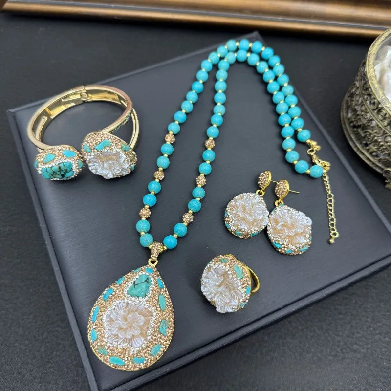 NISHIZAWA Turquoise Earrings for Women Ethnic Style Vintage Geometric Jewelry Fashion Elegant Exqusite Pendientes Mujer