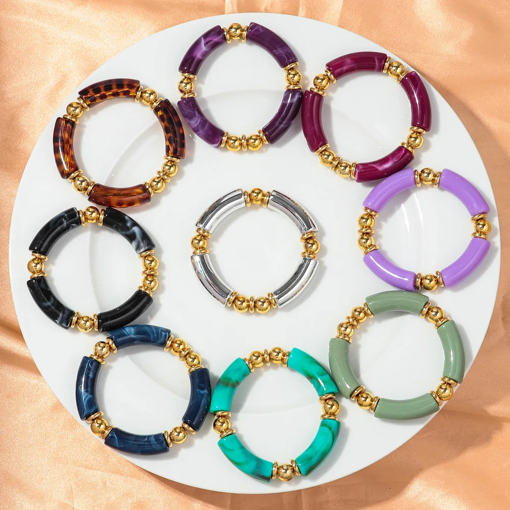 New Design Acrylic Gold Color Beads Chunky Bamboo Bracelets for Women Resin Curved Tube Stretchy Bangle 2024 Fashion Jewelry