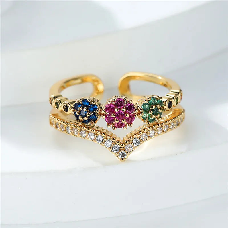 Luxury Female Small Round Adjustable Ring Classic Yellow Gold Color Engagement Jewelry Rainbow Wedding Rings For Women
