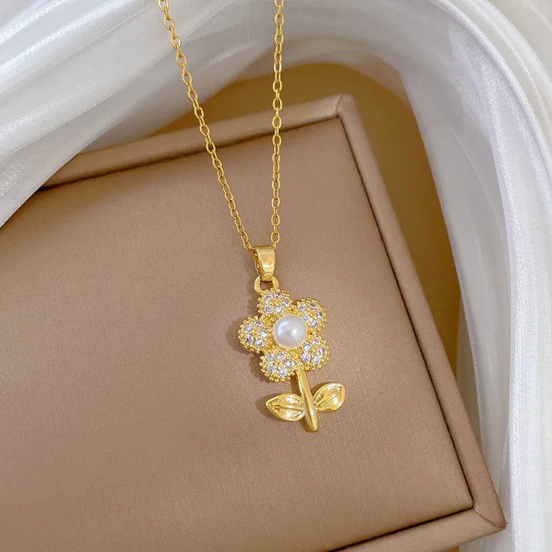Sparkling Luxury Cubic Zirconia Pearl Flower Pendant Stainless Steel Women's Necklace Fashion Waterproof Jewelry Gift