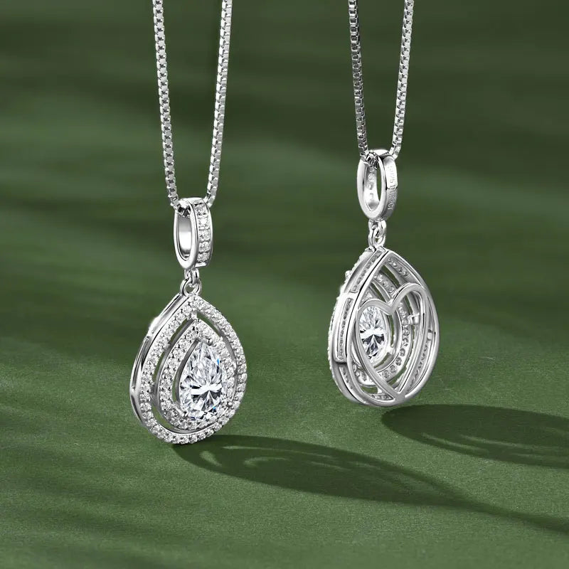 OXTAO 925 Sliver Moissanite Water Drop Pendant Necklace Double Layer with Certified for Women Clavicle Chain Necklace Jewelry
