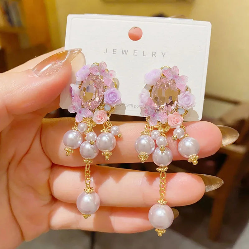 Handmade Petal Long Tassel Drop Earrings for Women Elegant Luxury Retro Flower Ear Studs Niche Design Wedding Party Jewelry Gift
