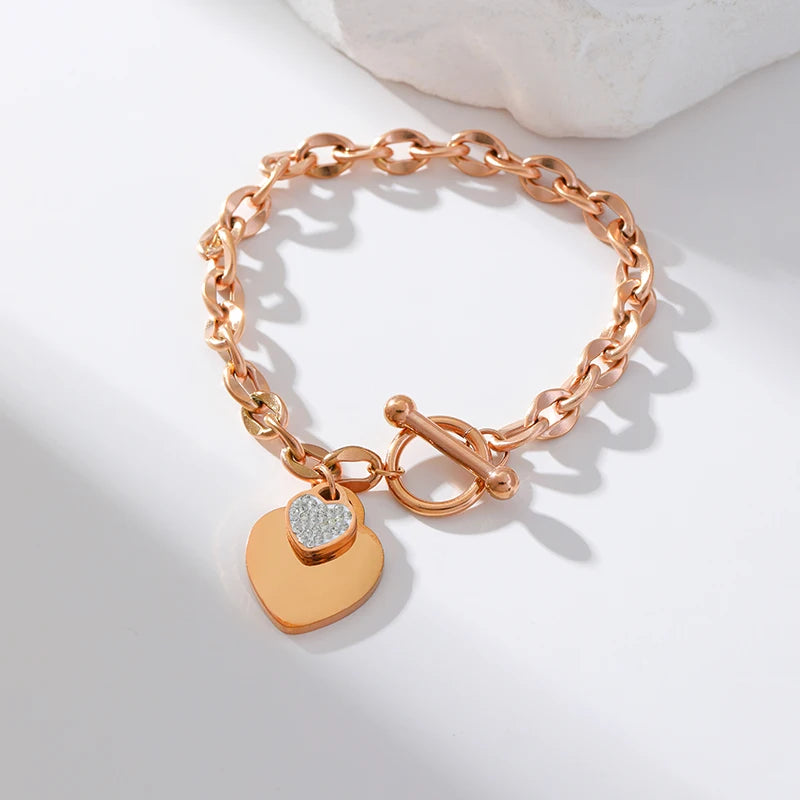 EILIECK New Fashion Stainless Steel Metal Double Heart Necklace Bracelet Set  For Women Waterproof Silver Color Jewelry Gift