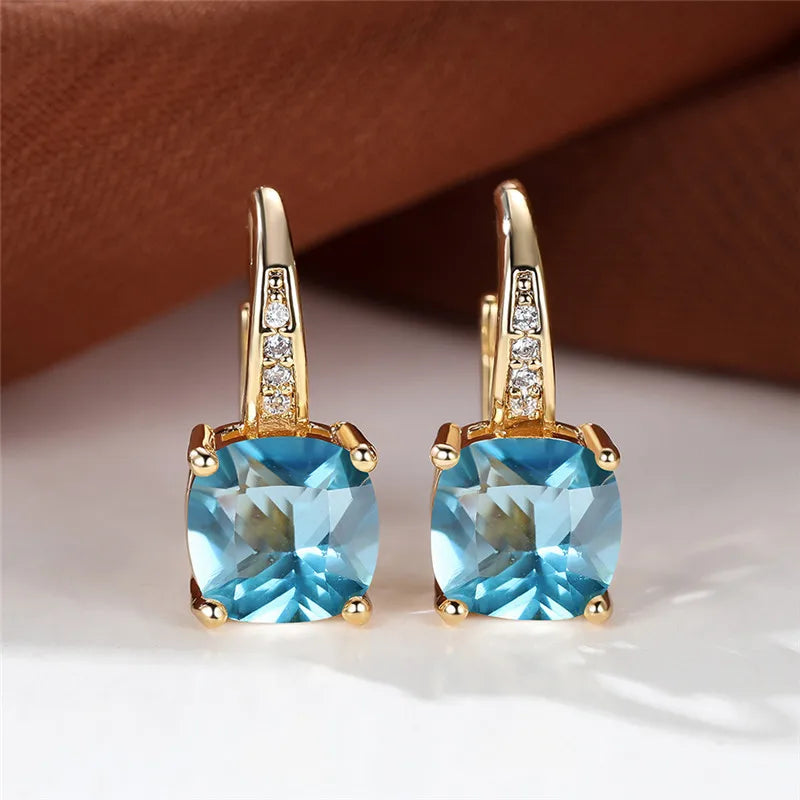 Blue Zircon Square Stone Luxury Crystal Rainbow Hoop Earrings Boho Gold Color Engagement Wedding Jewelry For Women