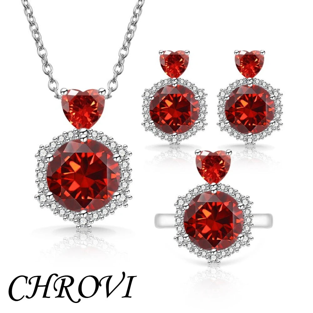 Luxury-Style 925 Sterling Silver New Color-Brightened Luxury Ring, Earrings, Necklace Women's Set