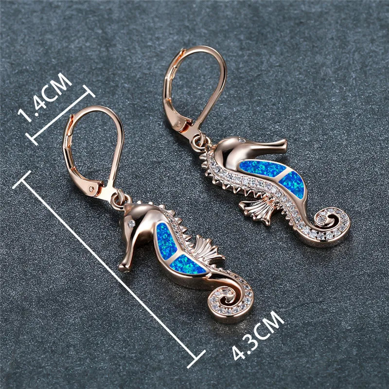 Cute Female Sea Horse Hoop Earring White Blue Opal Stone Animal Jewelry Rose Gold Silver Color Wedding Earrings For Women