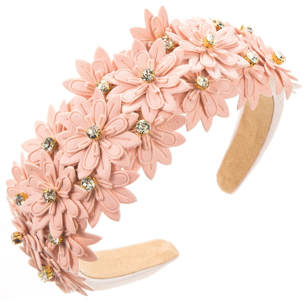 European and American New Multi-layer Leather Floral Headband Sponge High Skull Top Inlaid With Diamond Forest Style Headband