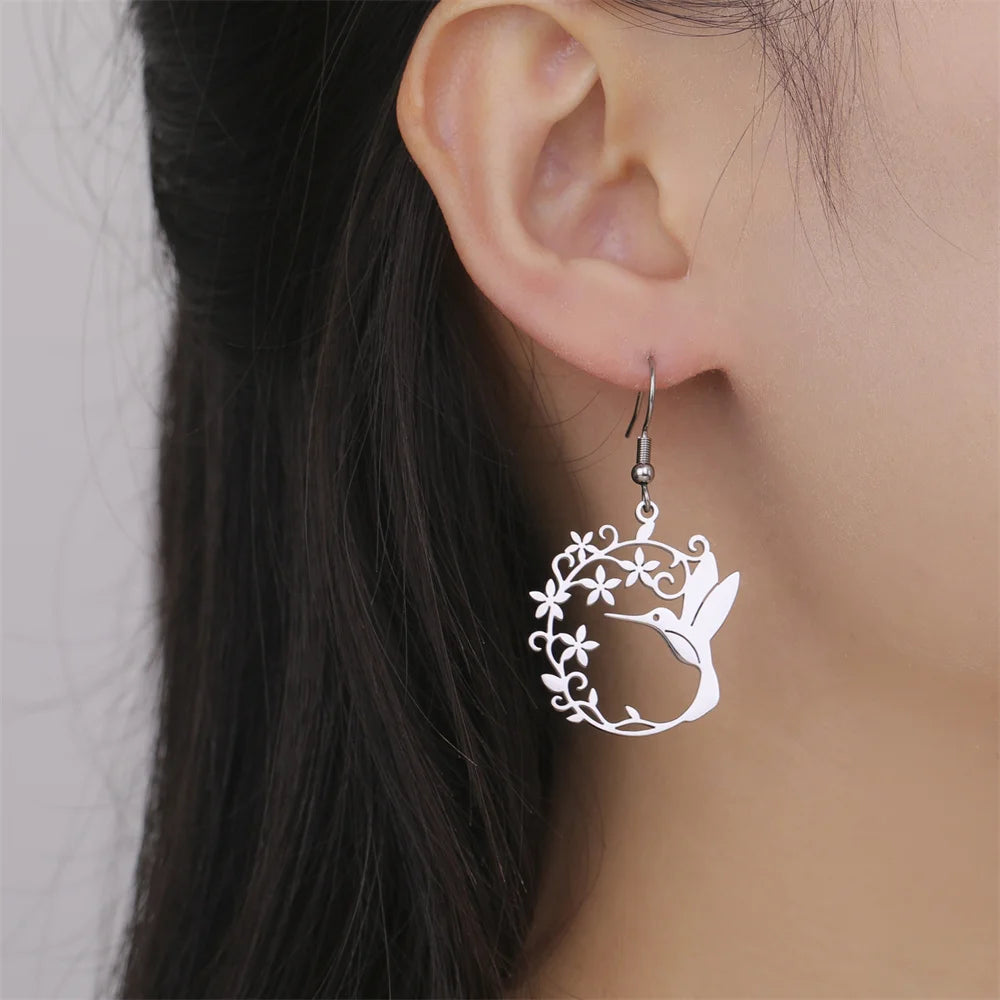 My Shape Hummingbird Earrings for Women Stainless Steel Flowers Birds Dangle Earrings Filigree Boho Fashion Jewelry  Gifts