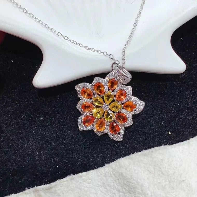 Adorable Natural Yellow Sapphire and Fanta Pendant 925 Silver Gemstone Necklace Pendant with 18K Gold Plated Silver Necklace