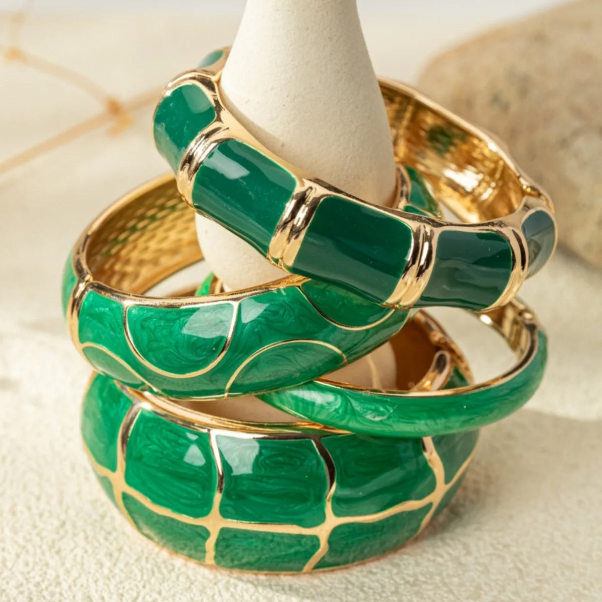 KMVEXO Bohemia Green Imitation Enamel Irregular Geometric Wide Bangle Chunky Metal Cuff Bracelet Fashion Punk Hip Hop Jewelry