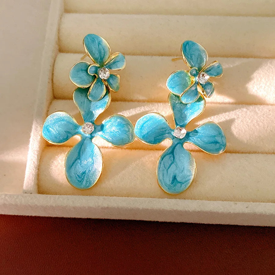 Double Layered Smudging Enamel Flower Drop Earrings for Women Vintage Shiny Rhinestones Dangle Earring Dating Party Jewelry N
