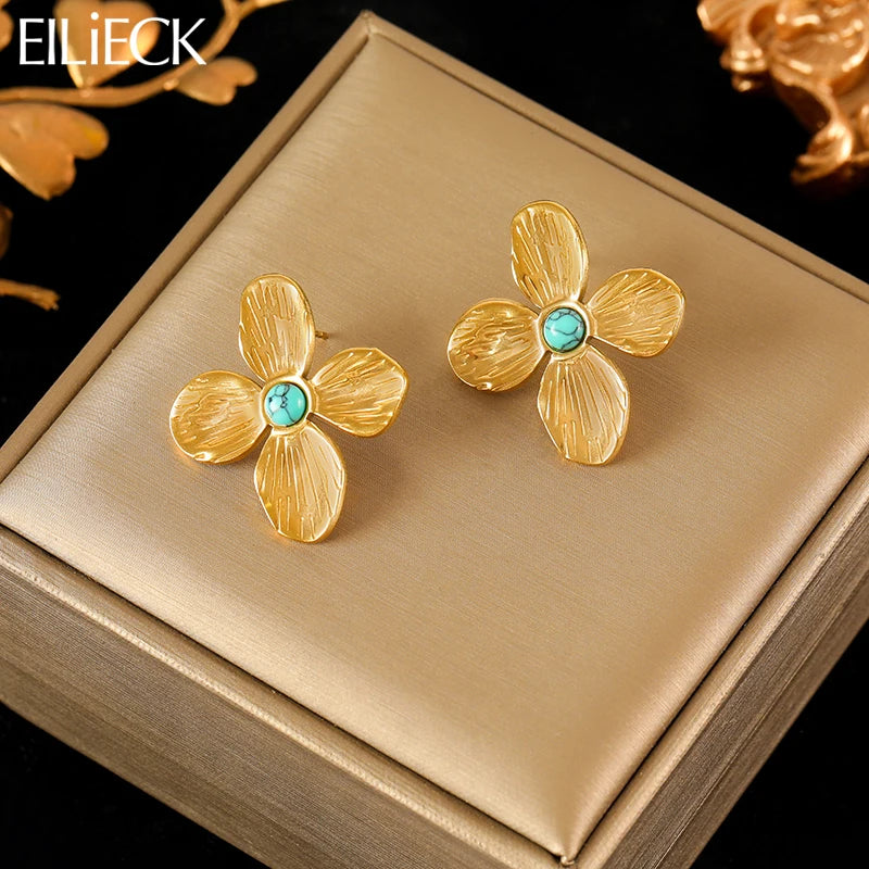 EILIECK 316L Stainless Steel Exaggerated Four-Leaf Flower Earrings For Women Girl Fashion Ear Jewelry Holiday Gift Bijoux Серьги