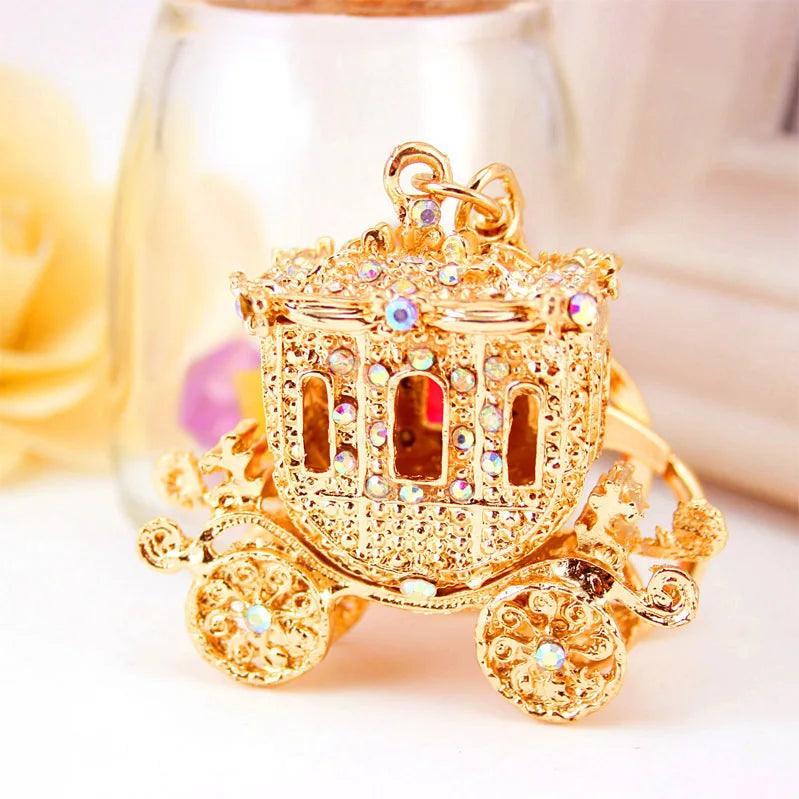 Fashion Alloy Keychain with Big water-drop Rhinestone Cartoon Pumpkin Carriage Keychain Golden Carriage Pendant Female Bag Acces
