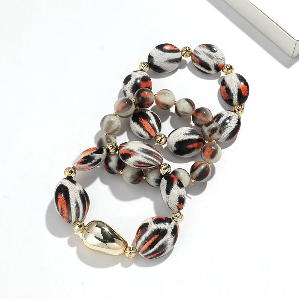 Personality Leopard Print Irregular Beaded Stretch Bangles Bracelets Retro Acrylic Geometric Beads Bracelet Women Jewelry