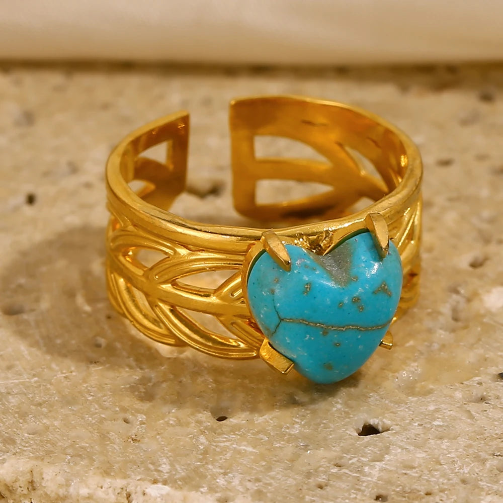 E.B.belle Leaf Pattern Natural Blue Turquoise Stone Heart Opening Ring 18K Gold Plated Stainless Steel Party Waterproof Jewelr y