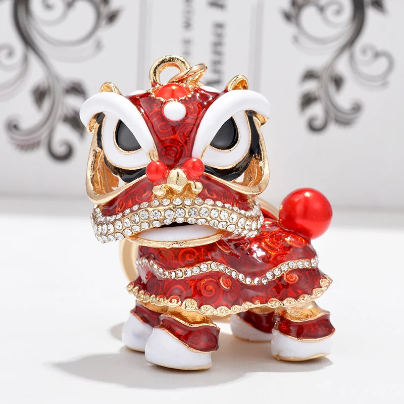 EASYA Chinese Lion Dance Chinatown GIFTS Rotatable Car Keychain Crystal Lucky Mascot Key Chain Ring  Souvenir