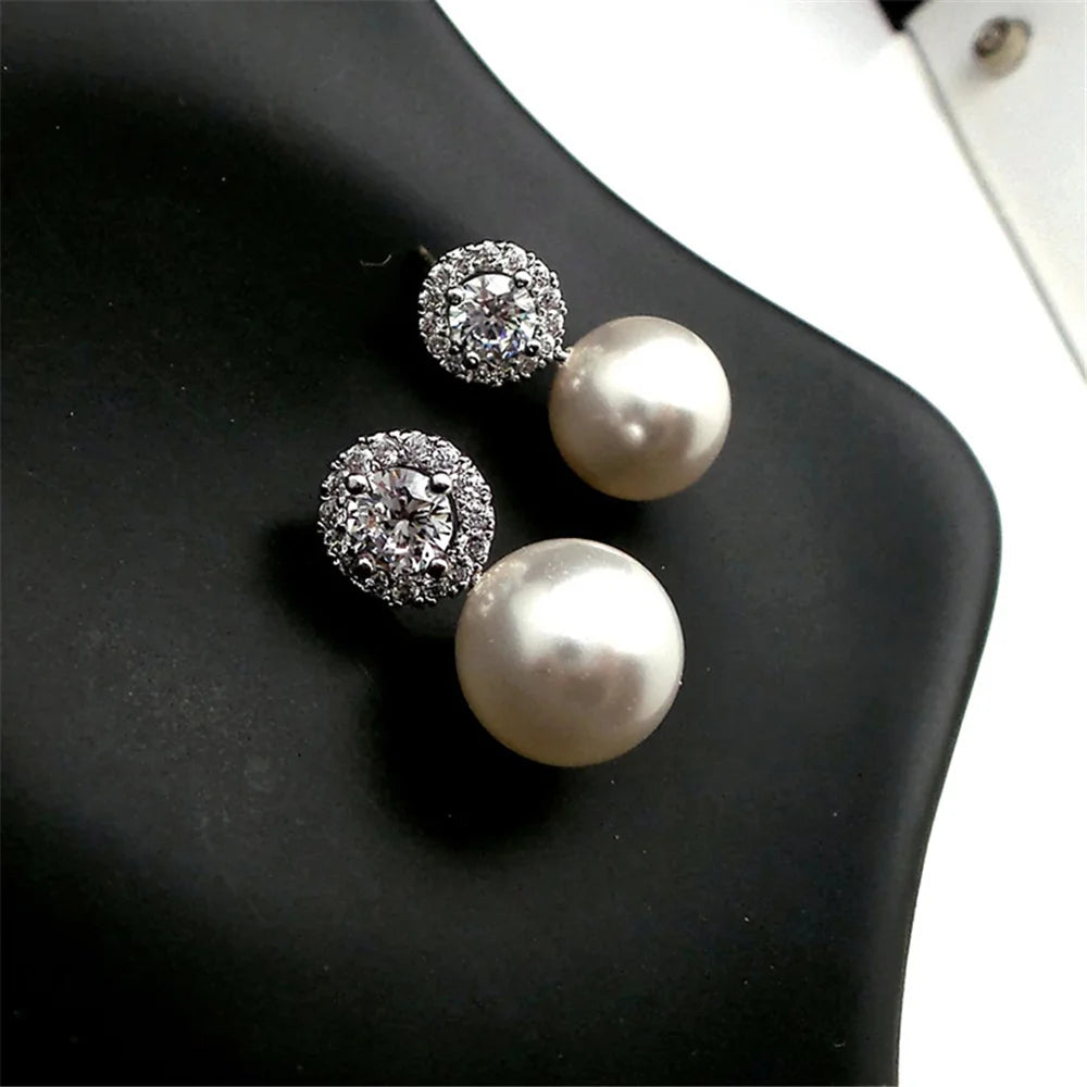 Cute Female Stone White Zircon Pearl Stud Earrings Silver Color Wedding Jewelry For Women