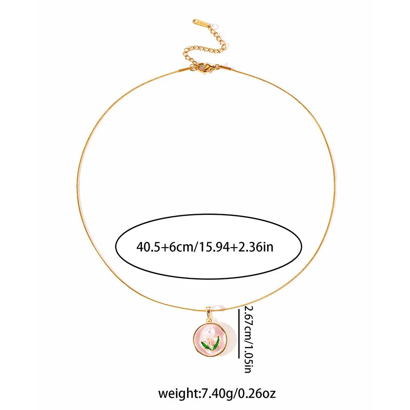 ANENJERY 316L Stainless Steel Round Card Flower Pearl Pendant Necklace For Women Delicate Artistic Choker Jewelry Gift Wholesale