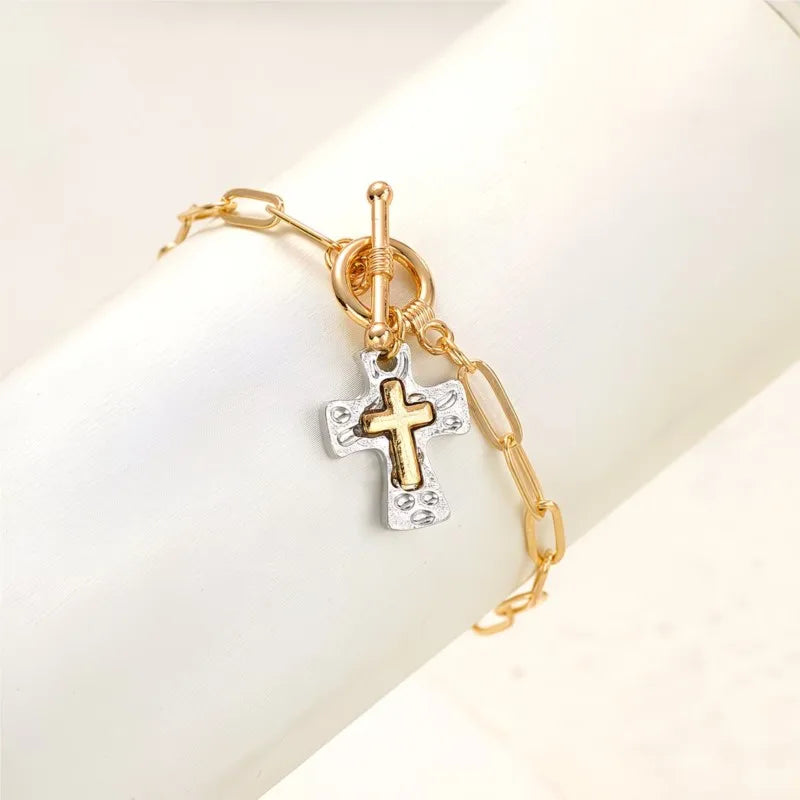Golden Retro Style Cross Bracelet for Women Two-Color Hammered Pendant OT Buckle Chain Jewelry Gift