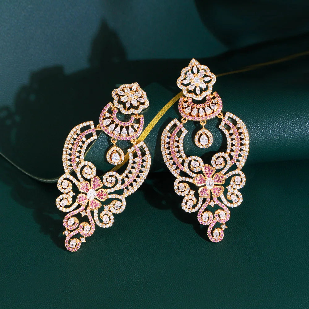 ThreeGraces Vintage Pink Zirconia Luxury Long Big Dangle Earrings for Women Delicate Wedding Evening Party Jewelry E1764