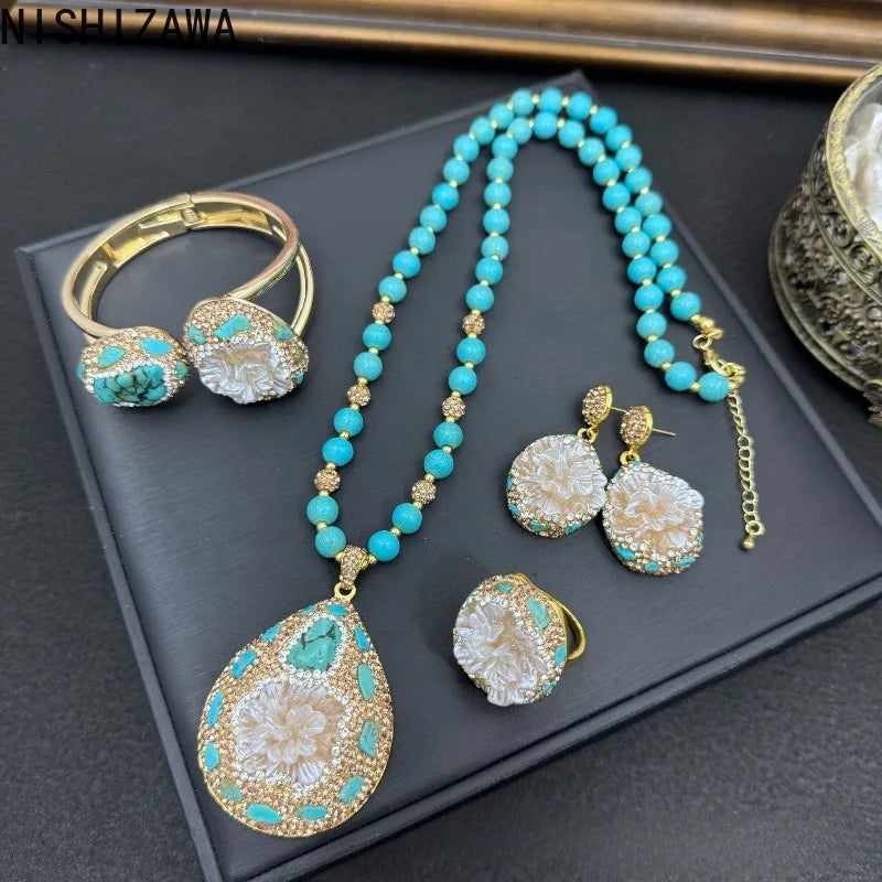 NISHIZAWA Turquoise Earrings for Women Ethnic Style Vintage Geometric Jewelry Fashion Elegant Exqusite Pendientes Mujer