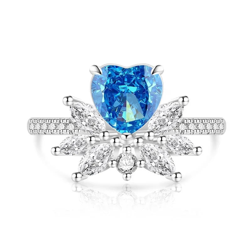 Light luxury 925sterling silver colorful gemstone ice flower ring for women,super sparkly high carbon diamond heart ring jewelry