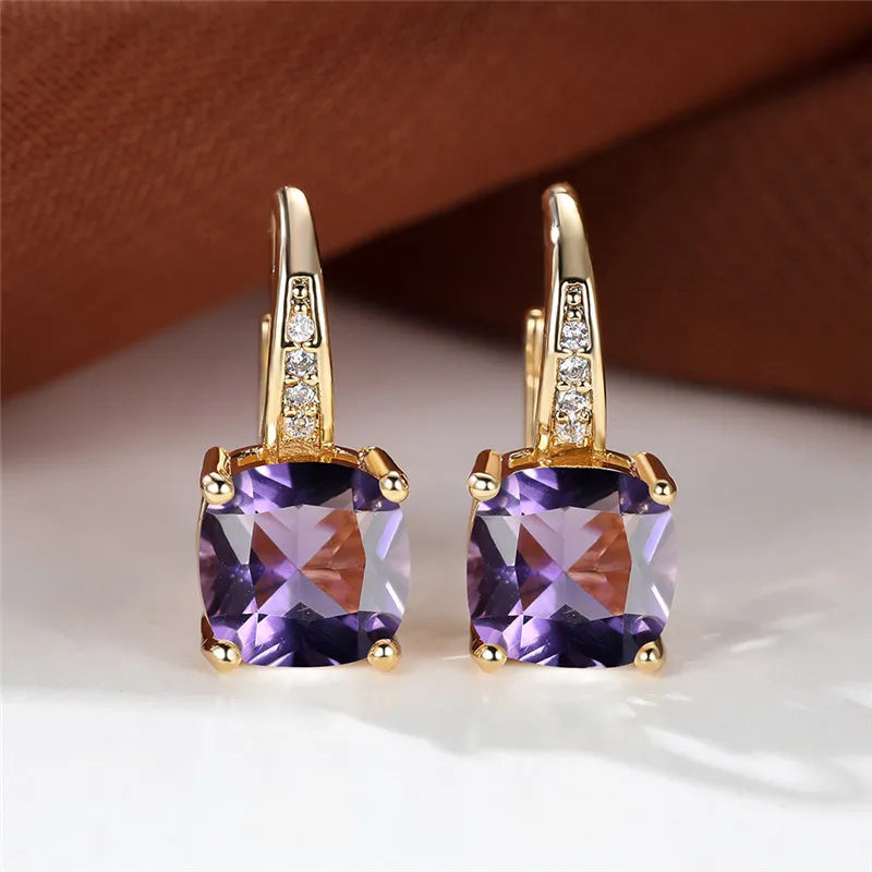 Blue Zircon Square Stone Luxury Crystal Rainbow Hoop Earrings Boho Gold Color Engagement Wedding Jewelry For Women