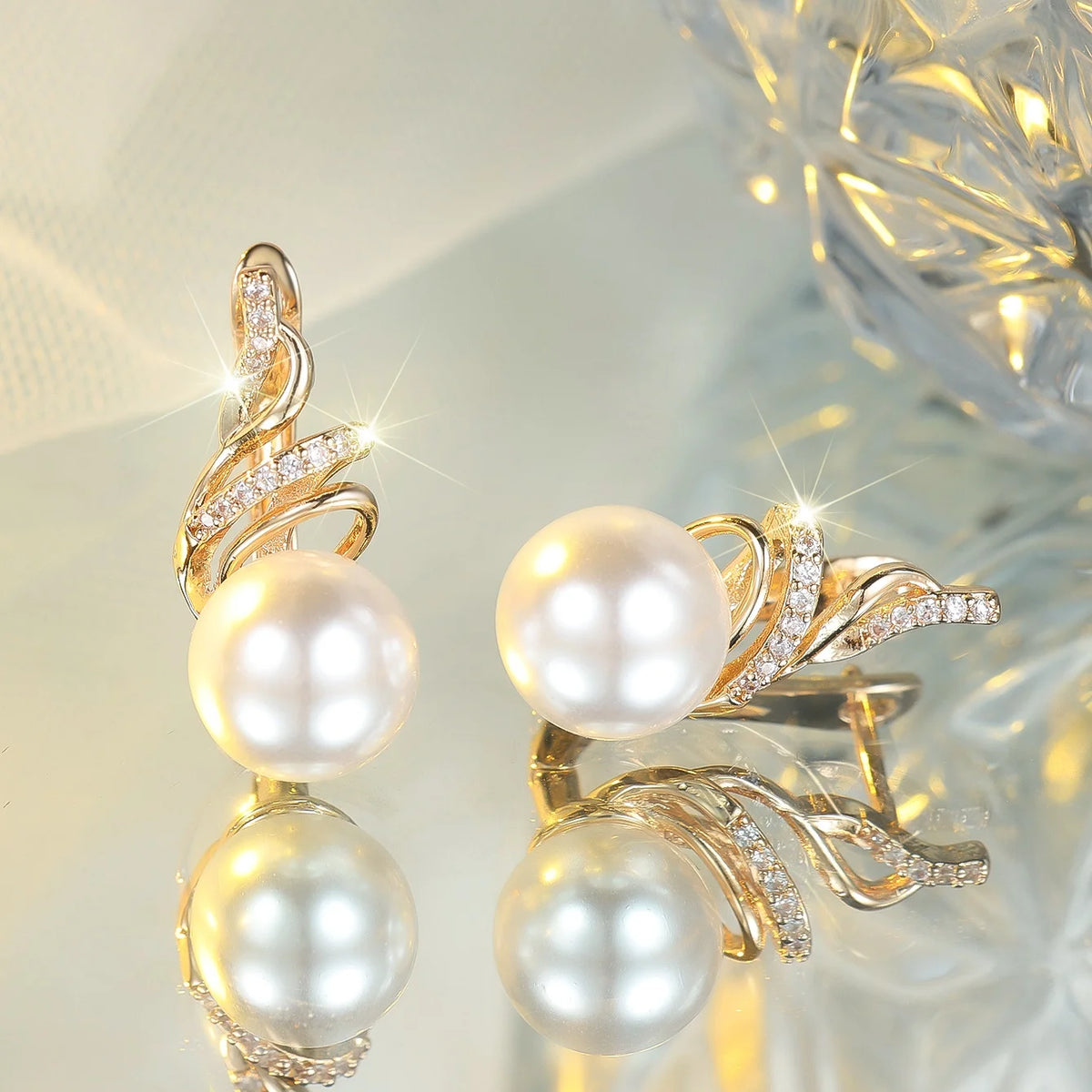 White Pearrl Zircon Stone Round Hoop Earrings Luxury Female Gold Color Wedding Jewelry For Women